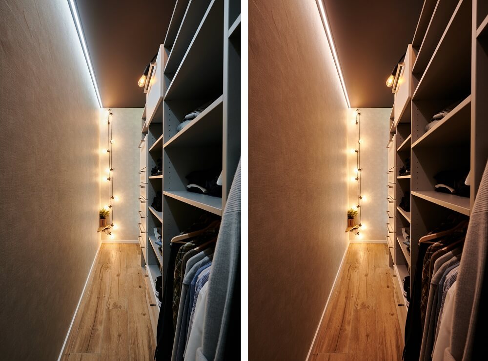 Plameco Spanndecken: begehbarer Kleiderschrank mit dunkler Decke und perfektem Licht