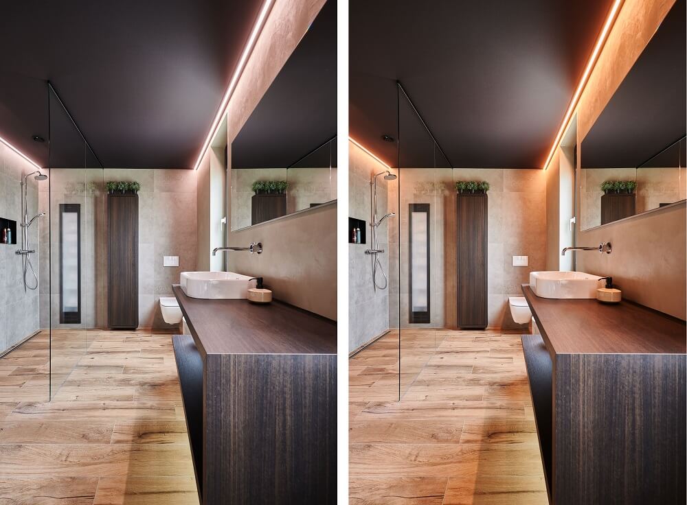 Plameco Spanndecke: Badezimmer mit schwarzer Decke mit dimmbarer LED-Beleuchtung und biodynamischem Licht
