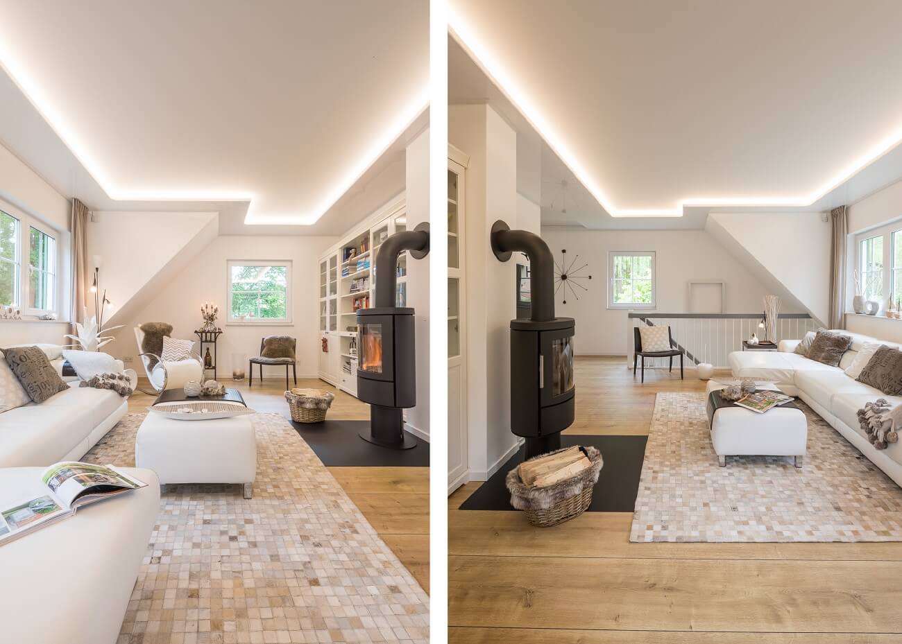 Plameco Spanndecken: Wohnzimmer, Spanndecke, LED-Stripe, dimmbare Tunable-White-Technologie, Tageslicht